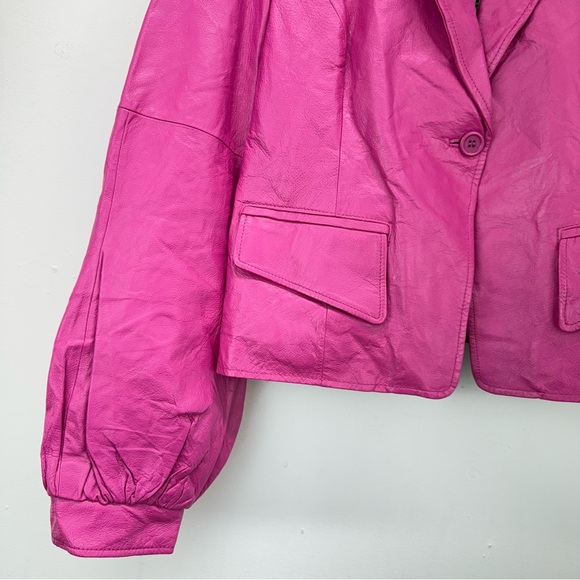 Metrostyle size 16 Women’s Pink Leather Puff Sleeve Single Button Jacket - Picture 3 of 7